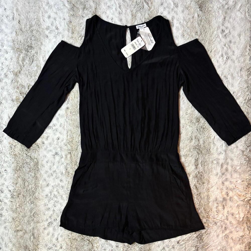 Splendid Black Shorts Romper 3/4 sleeve matte satin nwt small dressy classic